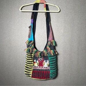 Boho Patchwork Bag Embroidered Hobo Bag Indie Crossbody Hippie Owls Fringe